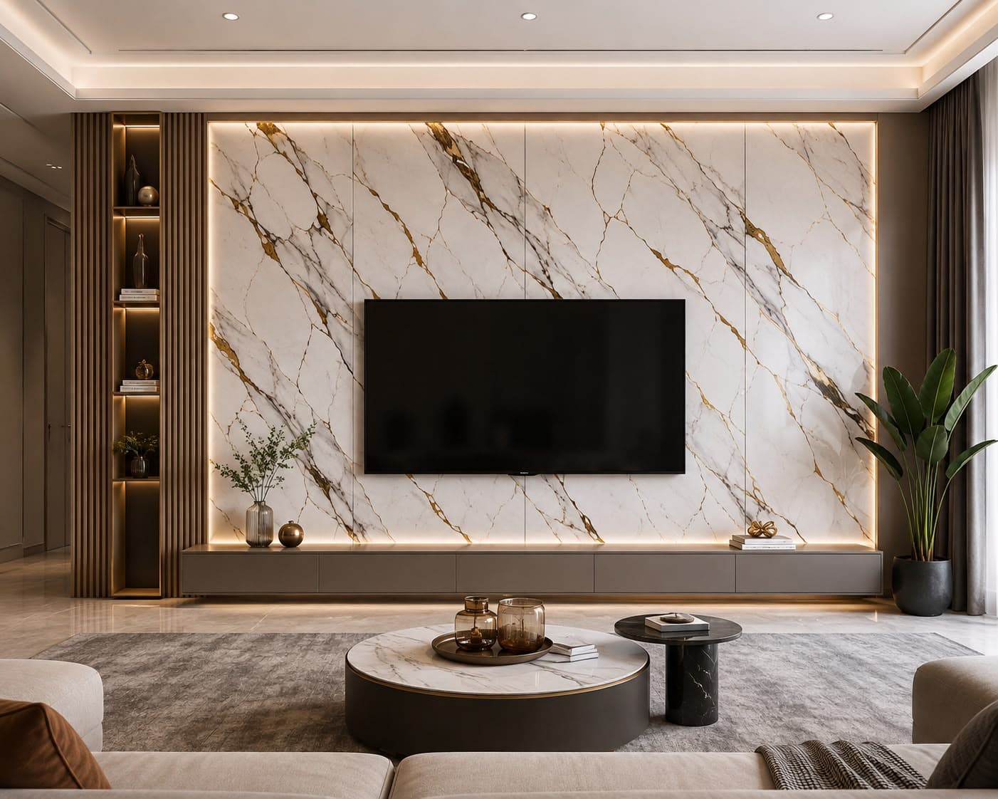 Backlit marble feature wall with gold veining and a floating media console